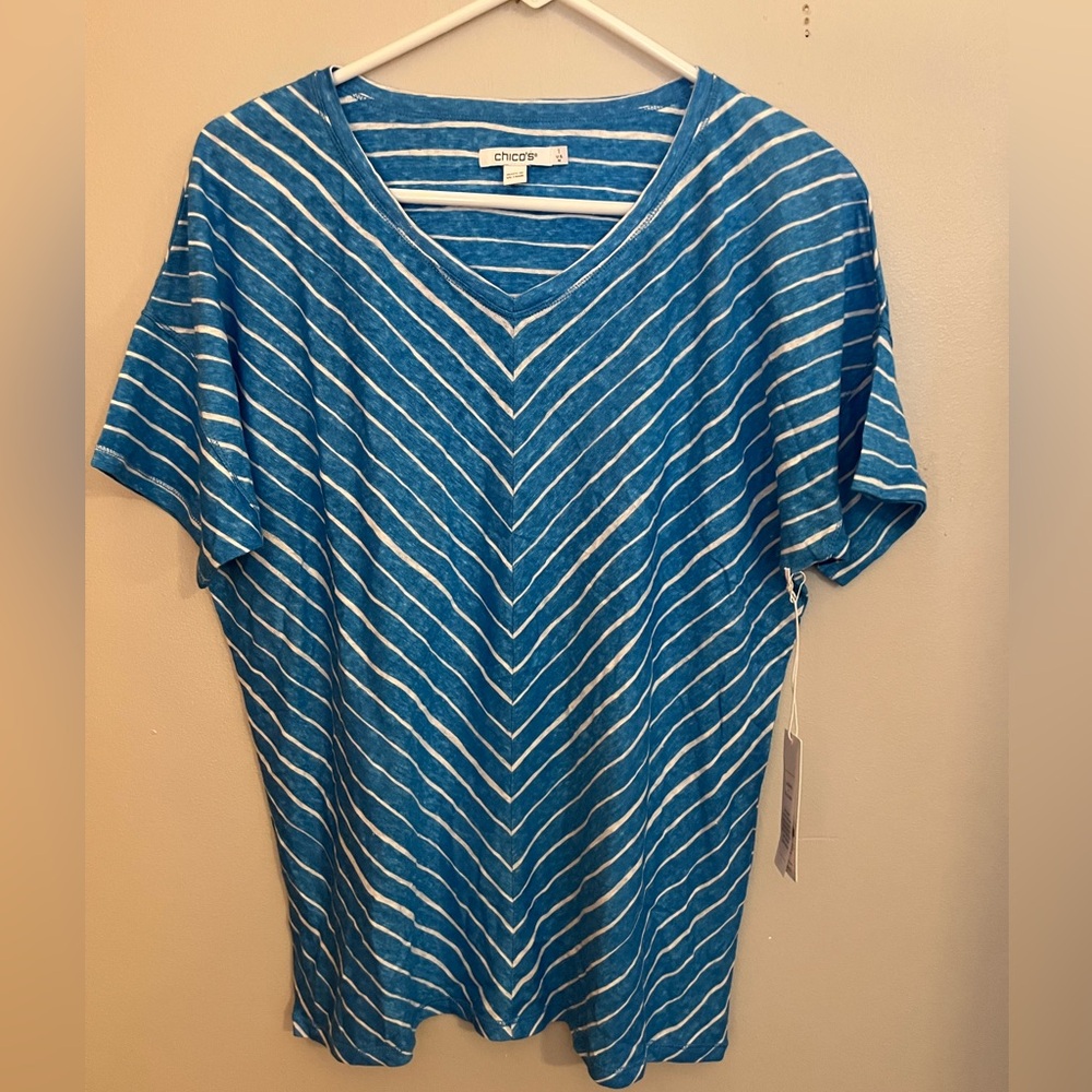 chico's linen striped v neck t- shirt NWT Size 1